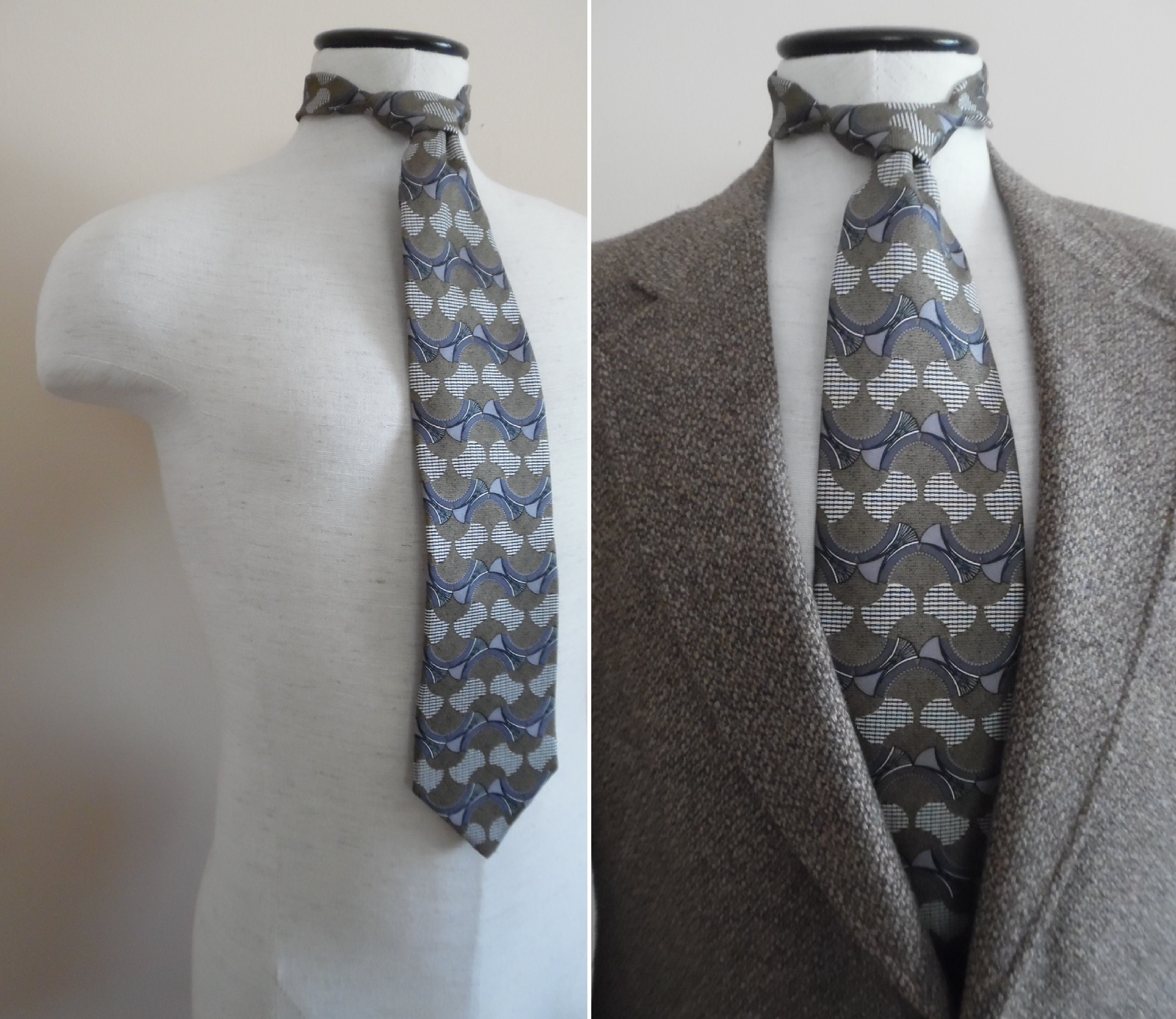 Vintage 1990s Silk Tie by Como Collezione Olive Gray Bronze and Cream Necktie in an Egyptian Revival Theme of Alternating Papyrus Fans