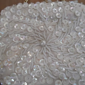 Vintage 1960s Iridescent White Beaded and Sequined Evening Bag; Small Embellished Evening Bridal Purse w/Gold Tone Frame and Chain Handle