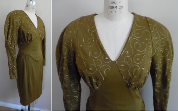 Vintage 1980s Khaki Colored Dress with Leg o Mutto