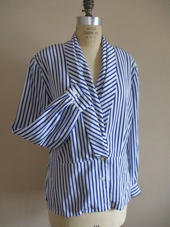 Vintage 1990s Blue and White Striped Blouse Surpl… - image 2
