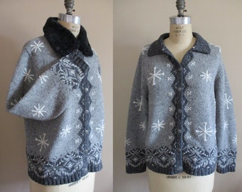 Vintage 1990s Gray Snowflake Button Front Cardigan Sweater by Marsh Landing Ugly Christmas Sweater