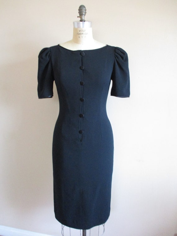 Vintage 1990s Black Crepe Party Dress Short Sleev… - image 3