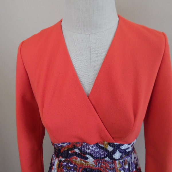 Vintage 1960s Evening Gown w Bright Orange Bodice & Silver Shot Multi Color Print Slim Skirt Size PETITE SMALL Long Sleeve Evening Dress