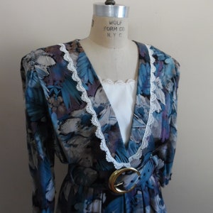 Vintage 1980s Blue Lavender Black Multi Colored Floral Print Secretary Dress with Dickey and Shawl Collar Country Chic Dress by S L Petites