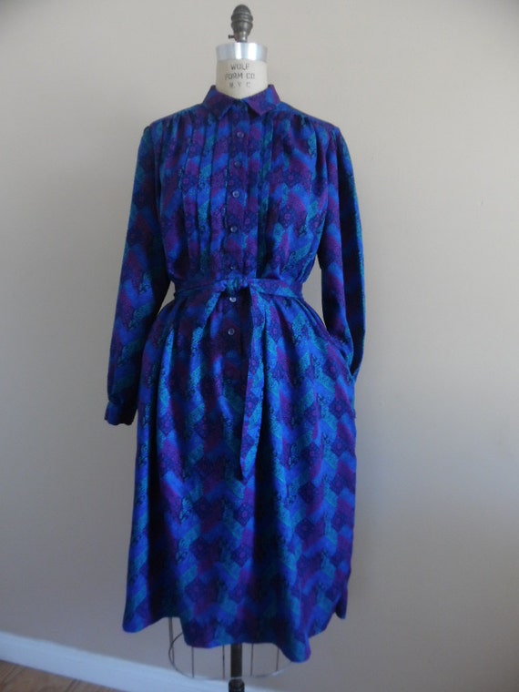 Dress Vintage 1970s Blue Fuchsia Multi Paisley Pr… - image 4