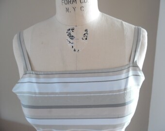 Vintage 1990s Tonal Olive Green and Beige Horizontal Stripe Shantung Silk Slip Dress from Casual Corner