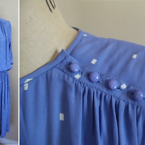 Vintage 1980s Day Dress Lavender and White Square Dot Print Dress Jewel Neck Short Sleeved Secretary Dress by J H Paul Ltd Career Dress