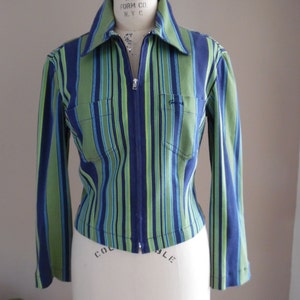 Vintage 1990s Jean Jacket Bold Acid Green and Navy Blue Striped Stretch Cotton Twill Jacket by Guess Jeans
