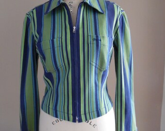 Vintage jaren 1990 jeansjack vet zuurgroen en marineblauw gestreept stretch katoenen keperstof jack van Guess Jeans