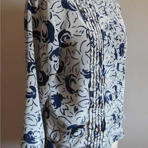 Vintage 1990s Blouse by RUSS Silky Crinkled Rayon Top Navy Blue and Tan Abstract Floral Print Blouse Long Sleeve Blouse