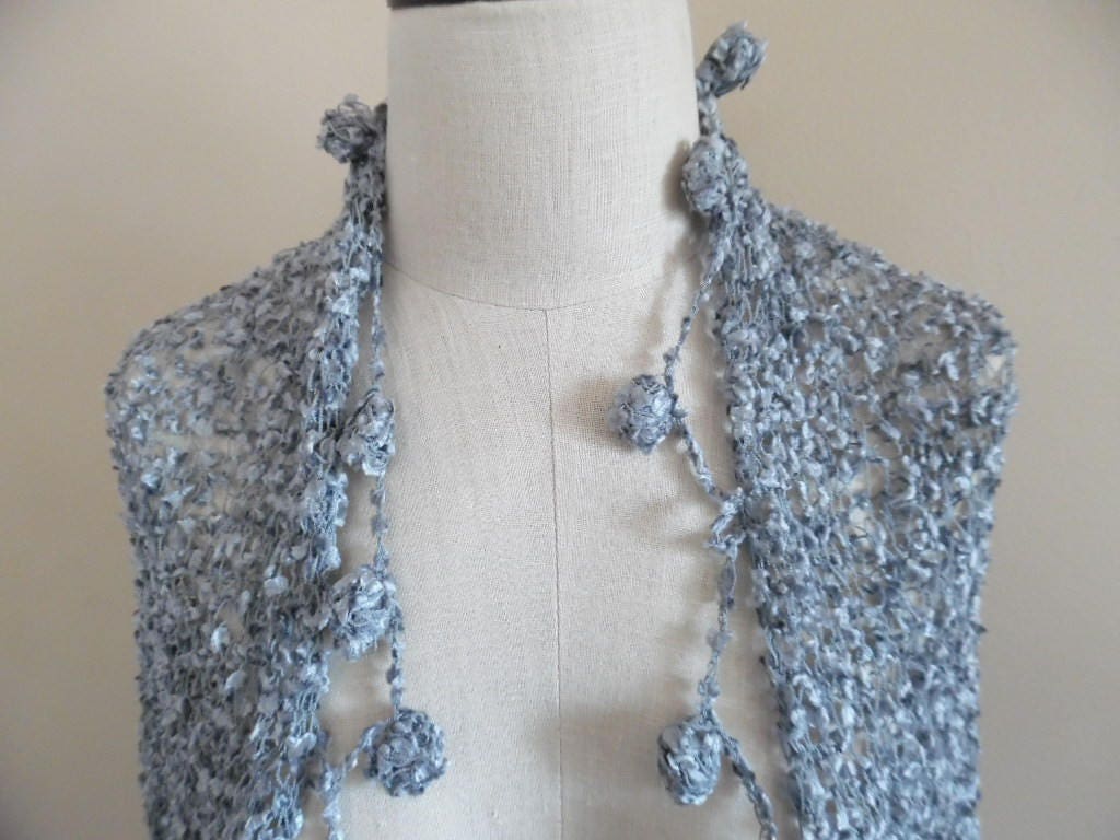 Vintage 1990s Steel Blue-Gray Knit Stole with Pom-Pom Fringe by Sofi Handknits