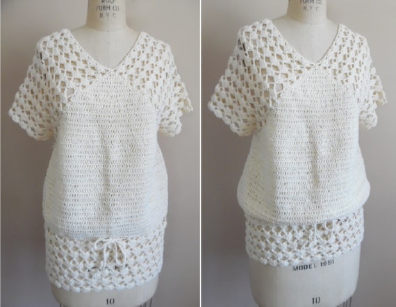 Vintage 1970s Crochet Top Cream and Gold Boho Hip… - image 2