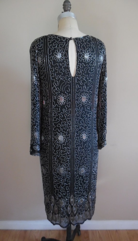 Vintage 1990s Redux 1920s Beaded Black Dress Long… - image 3