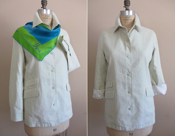 Façonnable, Vintage 1990s Façonnable Women's Blazer Washed Cotton Linen Blend Jacket Soft Pastel Green Shirt Jac