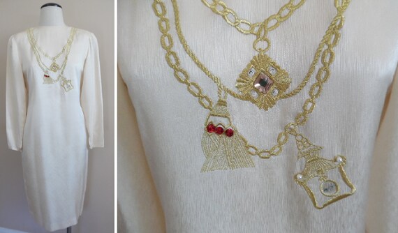 Vintage 1980s Dress Embellished Long Sleeve Cream Silk Sheath Dress with Gold Embroidery and Faux Gem Trim by Starington