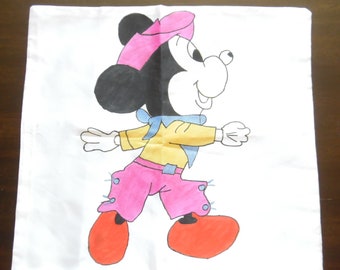Vintage 1990s Hand Painted Pillow Case Mickey Mouse Pillow Cover Applique Boho Patch White Satin Pillow Cover with Mickey Mouse