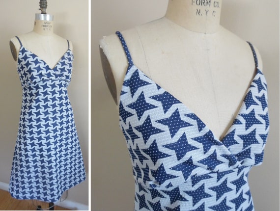 Vintage 1970s Navy Knit Sundress with White Stars