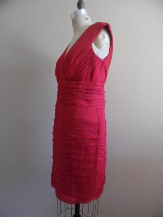 Red Silk Dress Vintage 1990s Red Sleeveless Ruche… - image 3