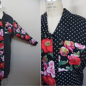 Vintage 1980s Slim Shirt Dress by Tess Dress Fabric Blocked White Dots on a Black Rayon Faille Ground with Bold Multi Colored Floral Print