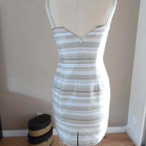 Vintage 1990s Tonal Olive Green and Beige Horizontal Stripe Shantung Silk Slip Dress from Casual Corner image 4