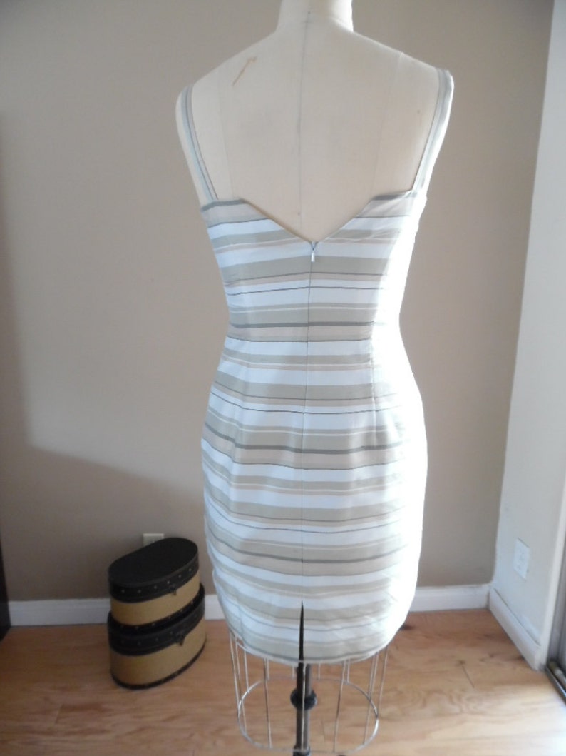 Vintage 1990s Tonal Olive Green and Beige Horizontal Stripe Shantung Silk Slip Dress from Casual Corner image 4