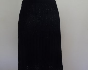 Vintage 1970s Handmade Black Knit Skirt; A-line Black Hand Knit Skirt
