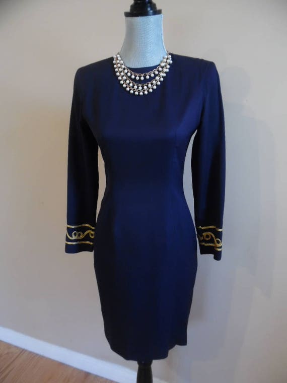 Vintage 1980s Navy Twill Long Sleeve Cocktail Party Sheath Dress Embellished with Military Gold Soutache Trim by Depeche Mode PETITE SIZE 2