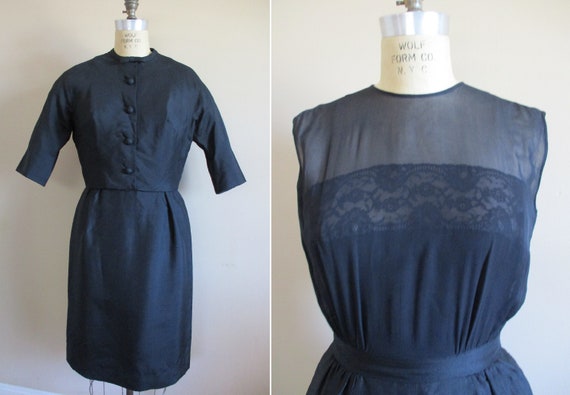 Vintage 1960s Black Silk Cocktail Wiggle Dress wi… - image 1