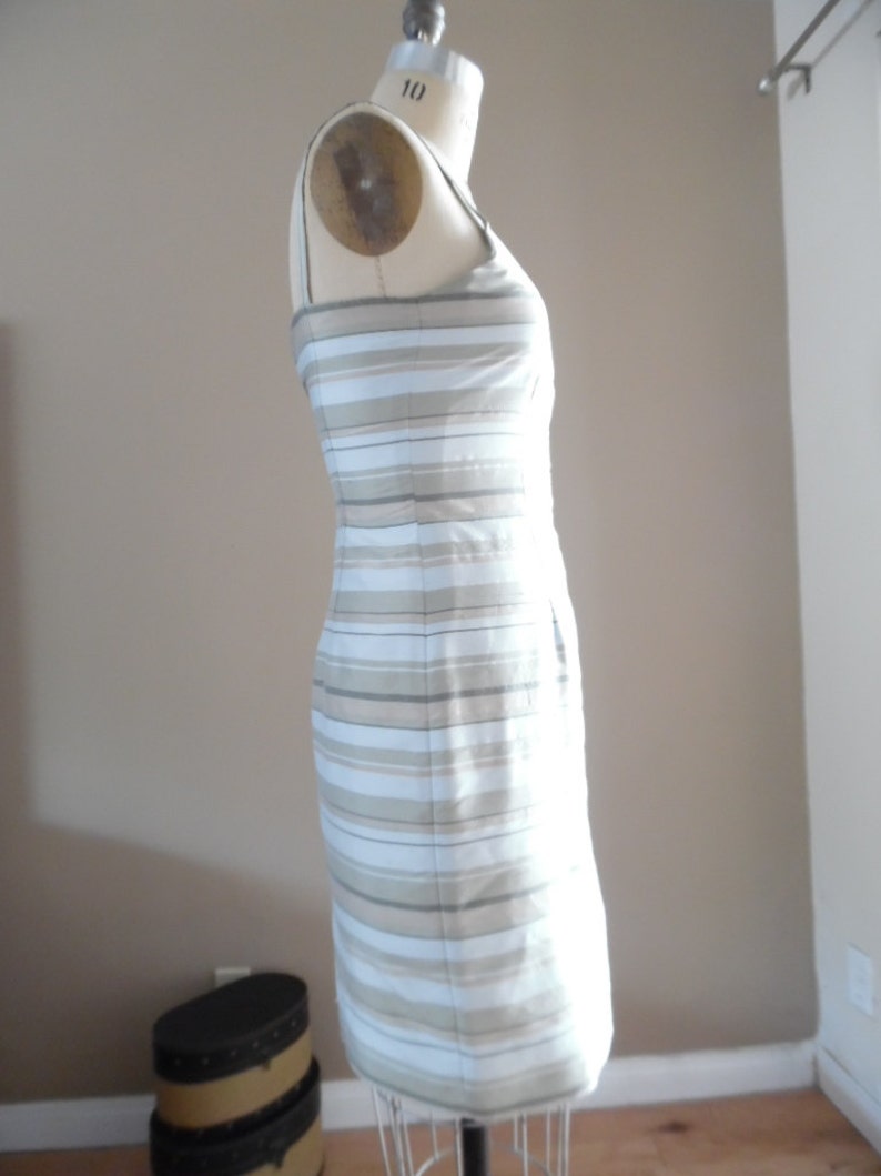 Vintage 1990s Tonal Olive Green and Beige Horizontal Stripe Shantung Silk Slip Dress from Casual Corner image 3