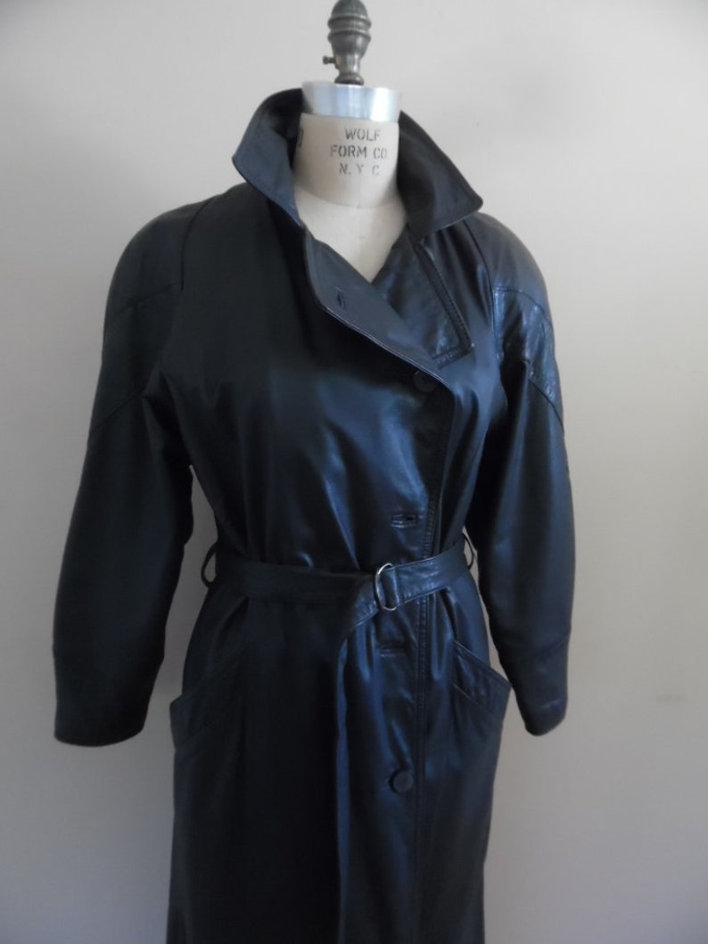 Vintage 1980s Asymmetrical Leather Trench Coat by Bagatelle Charcoal Gray Leather Long Trench Coat Steel Gray Leather Coat w Quilted Lining