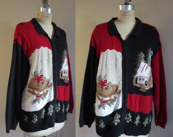 Vintage 1990s Plus Size Christmas Sweater Zip-Front Cardigan Long Sleeve Sweater Dark Red and Black by Venezia Jeans Christmas Jumper