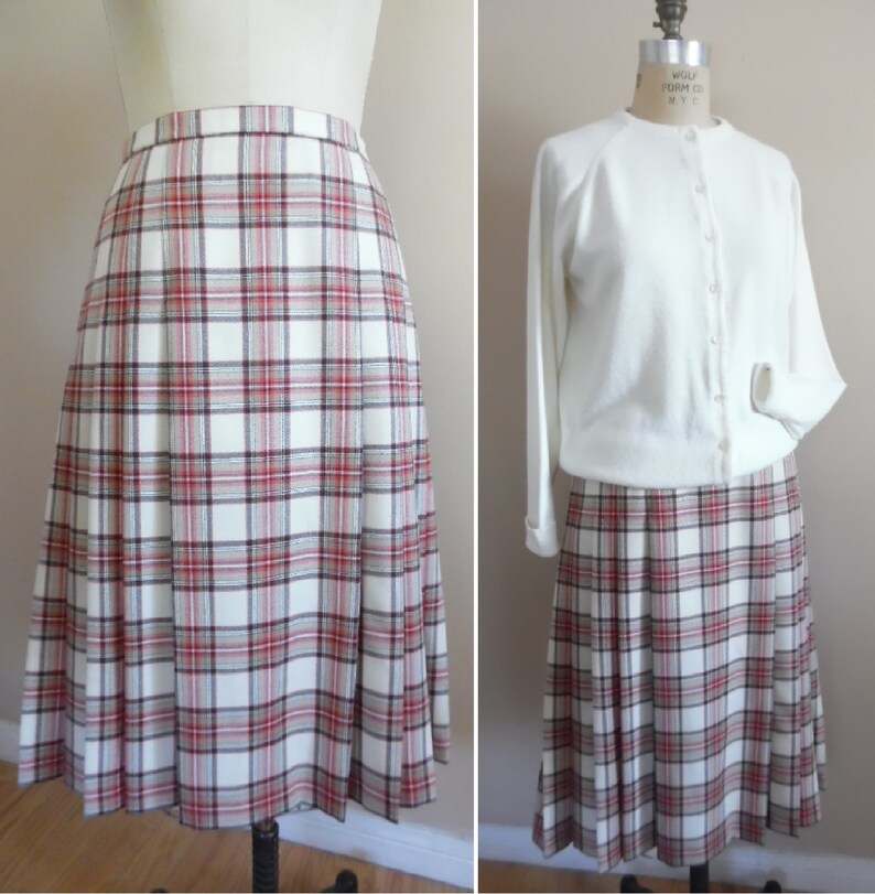 Vintage 1990s Wool Plaid Skirt by Pendleton Red Brown and Cream Side Pleated Skirt