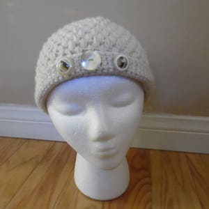 Vintage 1990s Handmade Winter Cap; Creme Colored Wool Crocheted Beanie Cap with Button Trim