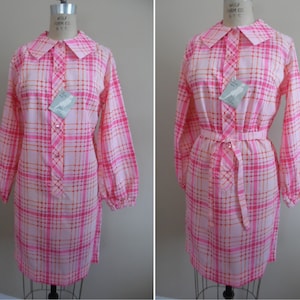 Vintage 1960s Pink Plaid Dress by New Fashion Creations Slim Shirt Dress NWT Shift Shirt Dress Long Sleeve Career Dress Casual Dress