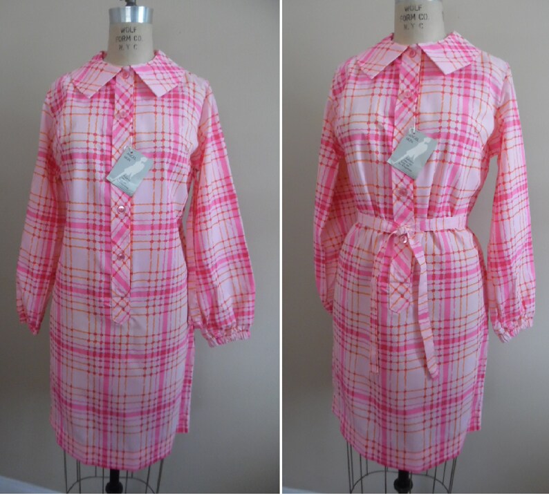 Vintage 1960s Pink Plaid Dress by New Fashion Creations Slim Shirt Dress NWT Shift Shirt Dress Long Sleeve Career Dress Casual Dress image 1