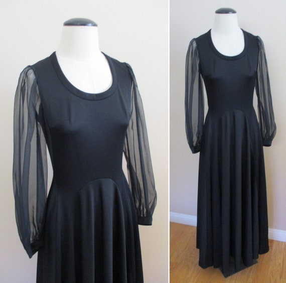 Vintage 1960s Tea Length Party Dress Black Hostes… - image 1