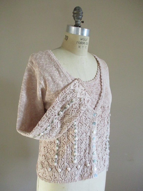 Vintage 1990s Sweater Set Dusty Rose Pink Nubby Novelty Knit Twin Set Cardigan and Shell Set with 3D Embroidery by Casual Corner