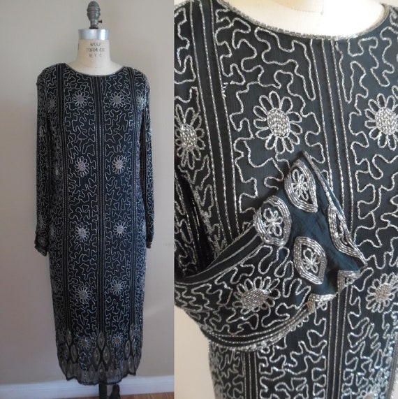 Vintage 1990s Redux 1920s Beaded Black Dress Long… - image 1