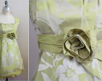 Vintage 1990s Cocktail Dress Acid Green Silk Floral Brocade Party Dress with Pouf Skirt from Teri Jon by Rickie Freeman