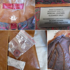 May include: A brown leather jacket with a paisley lining. The jacket has a label that says "Wilsons Leather" and "Special Leather Cleaner Only".