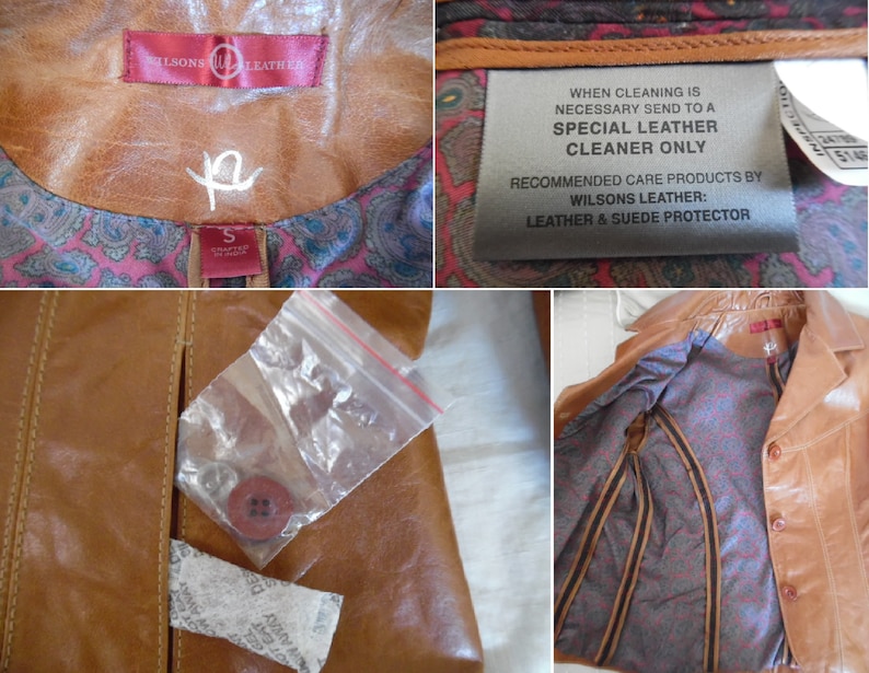 May include: A brown leather jacket with a paisley lining. The jacket has a label that says "Wilsons Leather" and "Special Leather Cleaner Only".