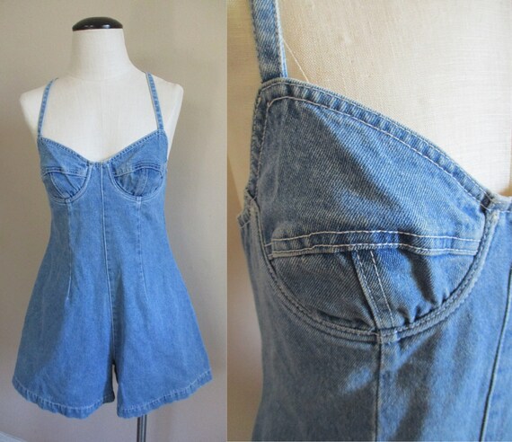 Vintage 1990s Bra Top Denim Romper by Jordache Ori