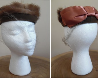 Vintage Fur Halo Hat With Veil: Brown Bow & Net, MCM Wedding  display picture 3