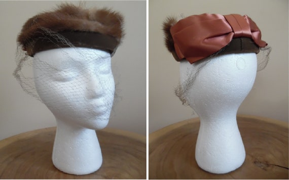 Vintage 1960s Brown Fur and Velvet Hat With Large Satin Bow  display picture 3