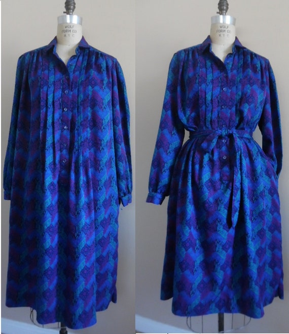 Dress Vintage 1970s Blue Fuchsia Multi Paisley Pr… - image 2