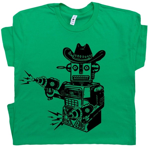 Roboter T Shirt Vintage Cowboy Roboter Grafik T Shirt Laser Gun Cool Geek T Shirt Space Force Han Solo Pew Pew Tee Für Männer Frauen Kinder Spielzeug Roboter