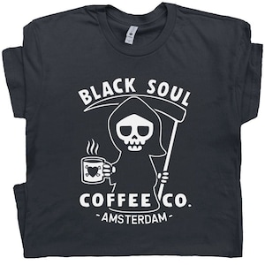 Funny Coffee T Shirt Amsterdam Black Soul Coffee Shirt for Men Women Guys Grim Reaper Graphic Tee Cool Retro Vintage Black Coffee Shirt