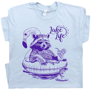 Lake Life T Shirt Funny Raccoon Shirt For Women Men Flamingo Shirt Cute Raccoon Retro Beach Theme Shirts Cool Unique Vintage Graphic Tee