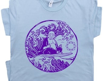 Buddha T Shirt Cool Surfing Shirt Funny Buddhist Shirt Zen Lotus Symbol T Shirt for Women Men Kids Yoga Buddhism Surfer Tee Vintage Surf Tee