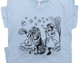 Girl and Tiger Shirt Funny Cat T Shirt for Women Men Guys Cute Cat Vintage Tiger Graphic Tee Cool Goth Shirt Dark Humor Retro Novelty Shirt